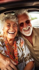 Happy elderly couple blurred background. Generative AI