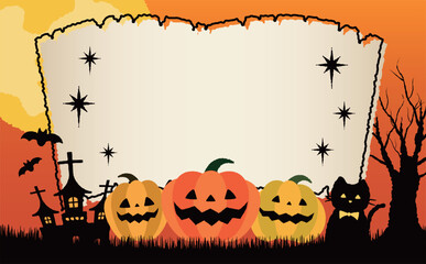 コピースペースのあるおしゃれ手描き風パンプキンと満月の夜のかぼちゃハロウィンベクターフレーム素材_オレンジ