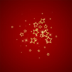 Gold sparkling star confetti. Chaotic dreamy childish overlay template. Festive stars vector illustration on red background.