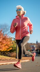 Fototapeta premium an older woman, dressed in athletic wear, takes on a jogging trail with unwavering vigor. Her posture is upright, and her strides are confident, proving that age is just a number