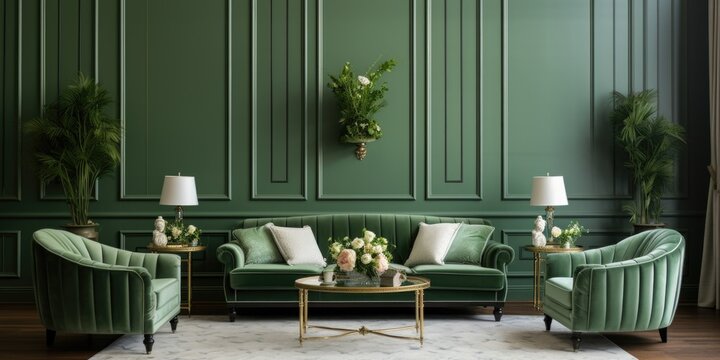  Green velvet sofa and armchairs in room with paneling walls. Interior design of neoclassical living room.