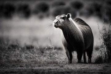 Obraz premium A black and white image of a capybara standing in a grassy plain