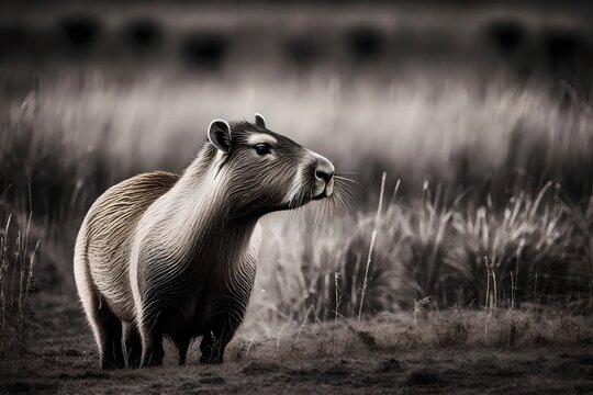 A black and white image of a capybara standing in a grassy plain