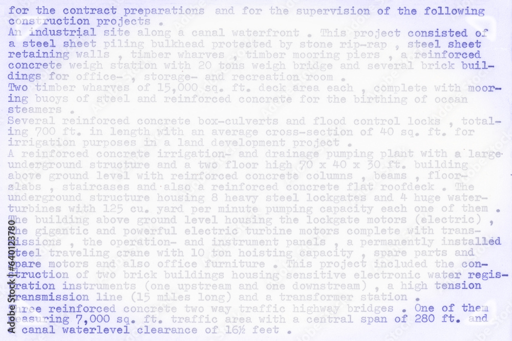 Fototapete text written on an old typewriter. it is part of a resume of a civil engineer who has worked in the 