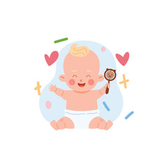 Cute baby playing with rattle toy, cartoon flat vector illustration isolated on white background.
