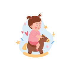 Little baby girl riding on toy horse, cartoon flat vector illustration isolated on white background.