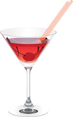 The alcoholic cocktail with a cherry and two straws in an elegant glass