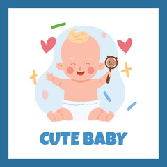 Sweet little baby sitting and playing with rattle closing eyes with happiness, vector cute toddler playing beanbag toy