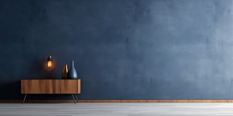 Interior background of room with wooden paneling and dark blue stucco concrete mockup wall with copy space
