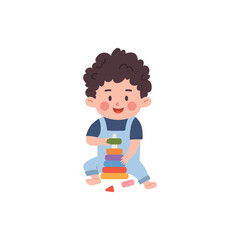 Cheerful toddler boy sitting collects pyramid of colored rings, cute baby playing toys, constructor vector illustration