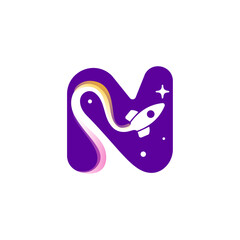 Letter N logo with rocket launch trail, planets, and stars. Negative space style icon. Vector typeface for science identity, planet travel app, chemistry posters, jet company, and biology advertising.