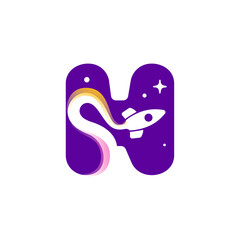 Letter H logo with rocket launch trail, planets, and stars. Negative space style icon. Vector typeface for science identity, planet travel app, chemistry posters, jet company, and biology advertising.