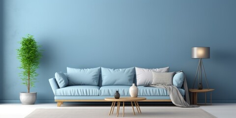 Interior design of modern apartment, gray sofa in living room over blue mock up wall, home design