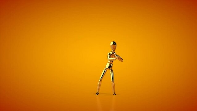 Funny golden mannequin doing a silly dance, seamless loop, orange studio