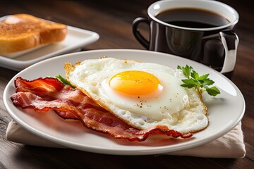 Sunny Fried eggs, beside roasted bacon with a cup cofee isolated on white background