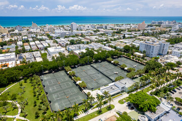 Miami Beach, Florida, USA - Aerial of multiple Tennis courts inside Flamingo Park in South Beach.
