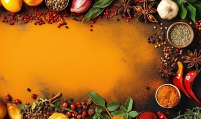 Cooking banner. Background with spices and vegetables. Top view. Free space for your text . Generative AI