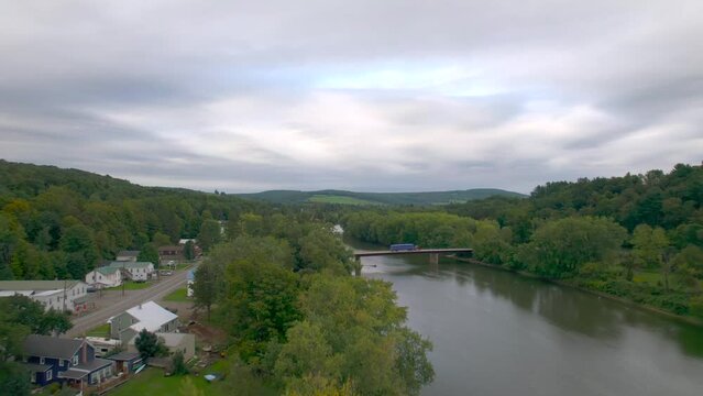Drone aerial of the Susquehanna in Nineveh and Afton NEW York. Bridge.