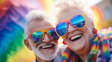 Happy Elderly Couple with Rainbow Background. Generative AI