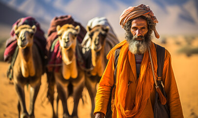 Obraz premium A Man Leading Two Camels Through the Desert, a Way to Experience the Beauty and Mystery of the Sahara