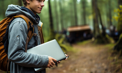 Bleisure in the Wild: Young Man with Laptop in Forest