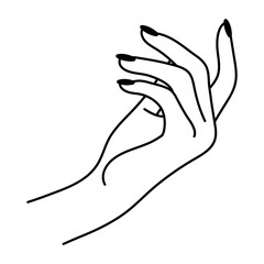 Female hand line art gesture. Elegant hand palm. Woman's arm. Gentle linear icon. Non-verbal language. Simple vector minimalist illustration. Graphic element isolated on white background.