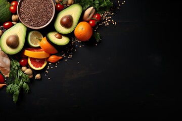 Buckwheat, pumpkin, chicken fillet, avocado, carrots. On a black background. Top view. Free space for your text