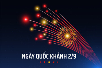 September 2, vietnam independence day, vietnamese colorful fireworks flag on blue night sky background. National holiday vietnam. Greeting card. Vector. Translation September 2nd Independence Day