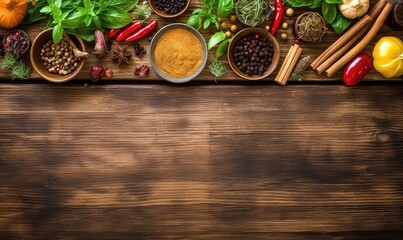 Obraz na płótnie Canvas wood background, with space for text, herbs, spices, olive oil, salt, and vegetables. Slate and wood background. Top view