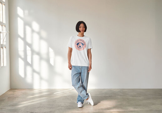 Mockup of Asian woman wearing t-shirt with customizable color, full length
