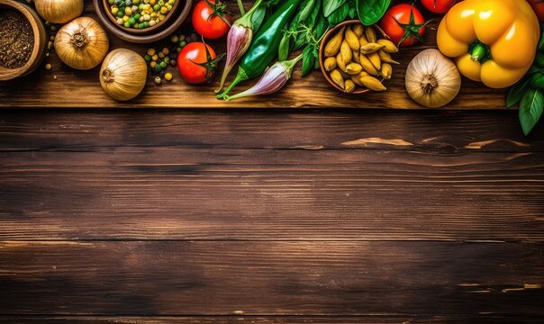 wood background, with space for text, herbs, spices, olive oil, salt, and vegetables. Slate and wood background. Top view