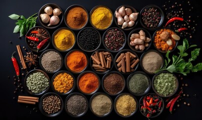 Spices on black background - kitchen. top view, flat lay on black chalkboard background