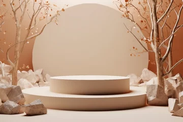 Fotobehang product display podium stand with stone rock. Abstract beige background scene with geometric shape. Brown pedestal table with autumn plants for beauty product. Minimal design. generative ai. © SEUNGJIN