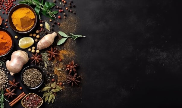 top view Wide variety spices and herbs on background of black table, with empty space for text . Generative AI