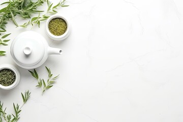 Green tea in a white teapot and cups on white background top view with copy space