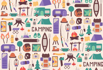 Seamless pattern with things for traveling to the mountains. Fishing and summer camping. Hike with backpacks, rest in the forest. print object stuff design wallpaper. background vector illustration.