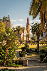 Christ Church (Christuskirche) and Parliament Gardens, Windhoek, Namibia. This Lutheran church, built in 1907 in conflicting neo-Gothic and art nouveau styles, is Windhoek?s best-recognized landmark.