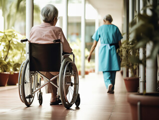 Old woman or lady in her wheelchair, alone in the hallway of a Elderly care home with a blurred out nurse walking away in the background. Shallow field of view. - obrazy, fototapety, plakaty