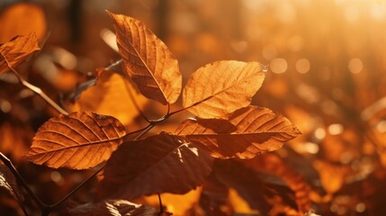 Fototapeta premium Autumn's Embrace Falling Leaves Captured in Sun's Warmth