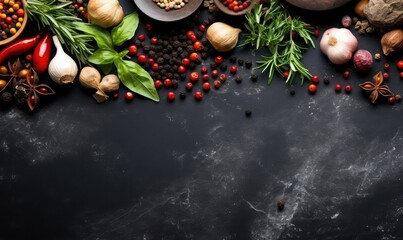 Black stone cooking background. Spices and vegetables. Top view. Free space for your text . Generative AI