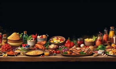 Black stone cooking background. Spices and vegetables. Top view. Free space for your text . Generative AI