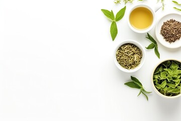 Green tea in a white teapot and cups on white background top view with copy space