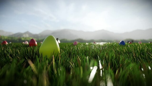 Chocolate bunny and Easter eggs scattered on a green meadow