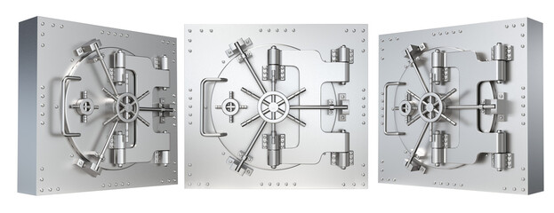 Bank vault door isolated or Huge metal round safe door. Gate mechanism