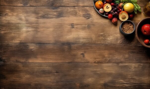 Food Background, Cooking, Wood old table on background, Free copy space, Top view . Generative AI