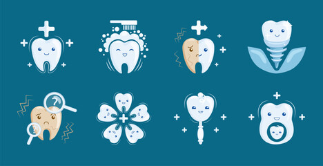 Set of cartoon teeth icons, dental symbols, cute teeth characters in medical condition and treatment, dentistry for kids and pregnant women, implanting dentistry, cure for teeth. Vector illustration