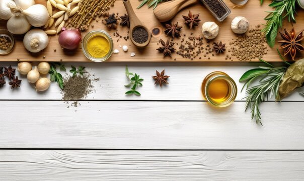 Spices, herbs and olive oil over white wood table, free copy space, Top view . Generative AI