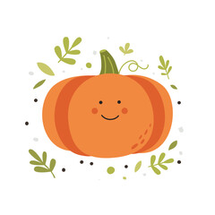 Cute orange pumpkin with a laughing face vector illustration. Funny vegetables in cartoon style. Colorful farm product for kids design of cards, books, posters, textiles.