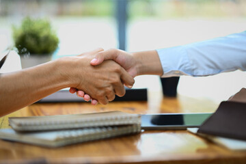 Fototapeta na wymiar Businesspeople shaking hands with partner closing deal or making agreement after successful negotiations