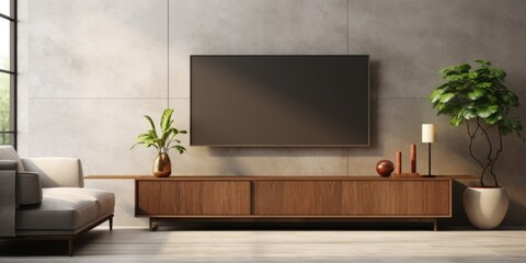 Interior of living room with wooden sideboard over granite wall. Modern room with TV screen. Home design